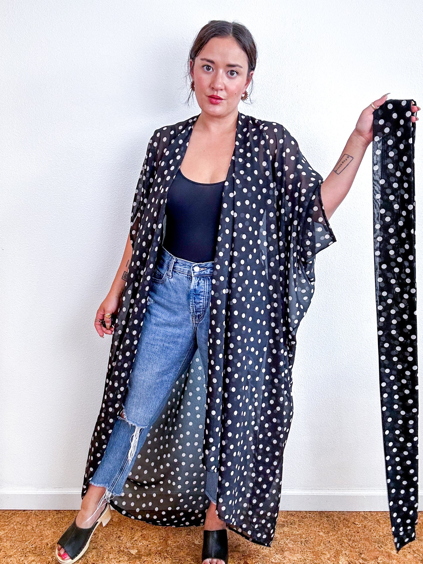 Print High Low Kimono Black Ivory Polka Dot Chiffon