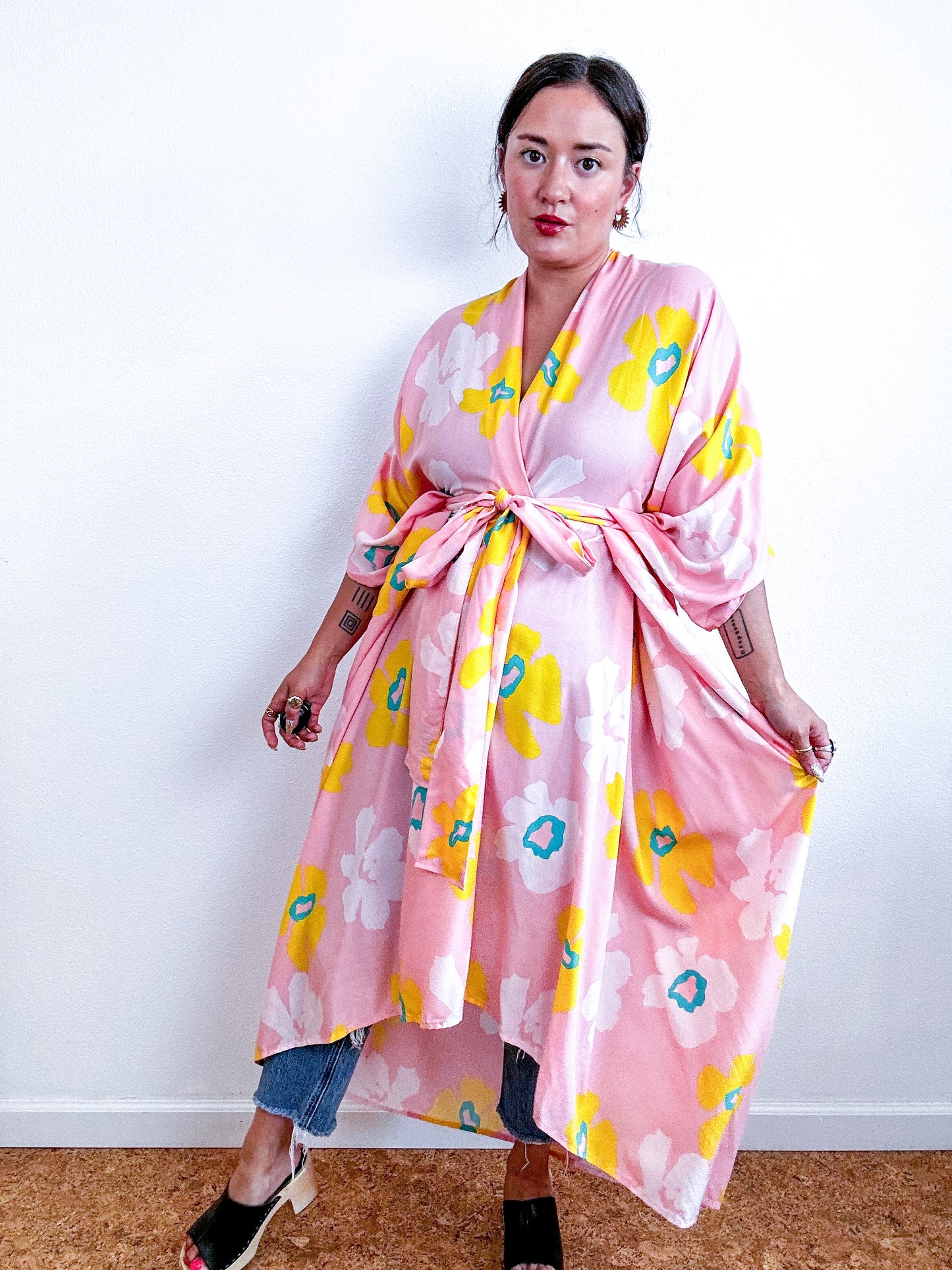 Print High Low Kimono Pink Yellow Flower Challis