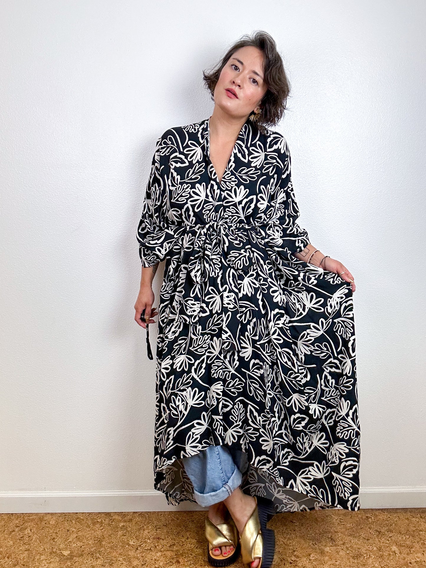 Print High Low Kimono Black Ivory Georgette