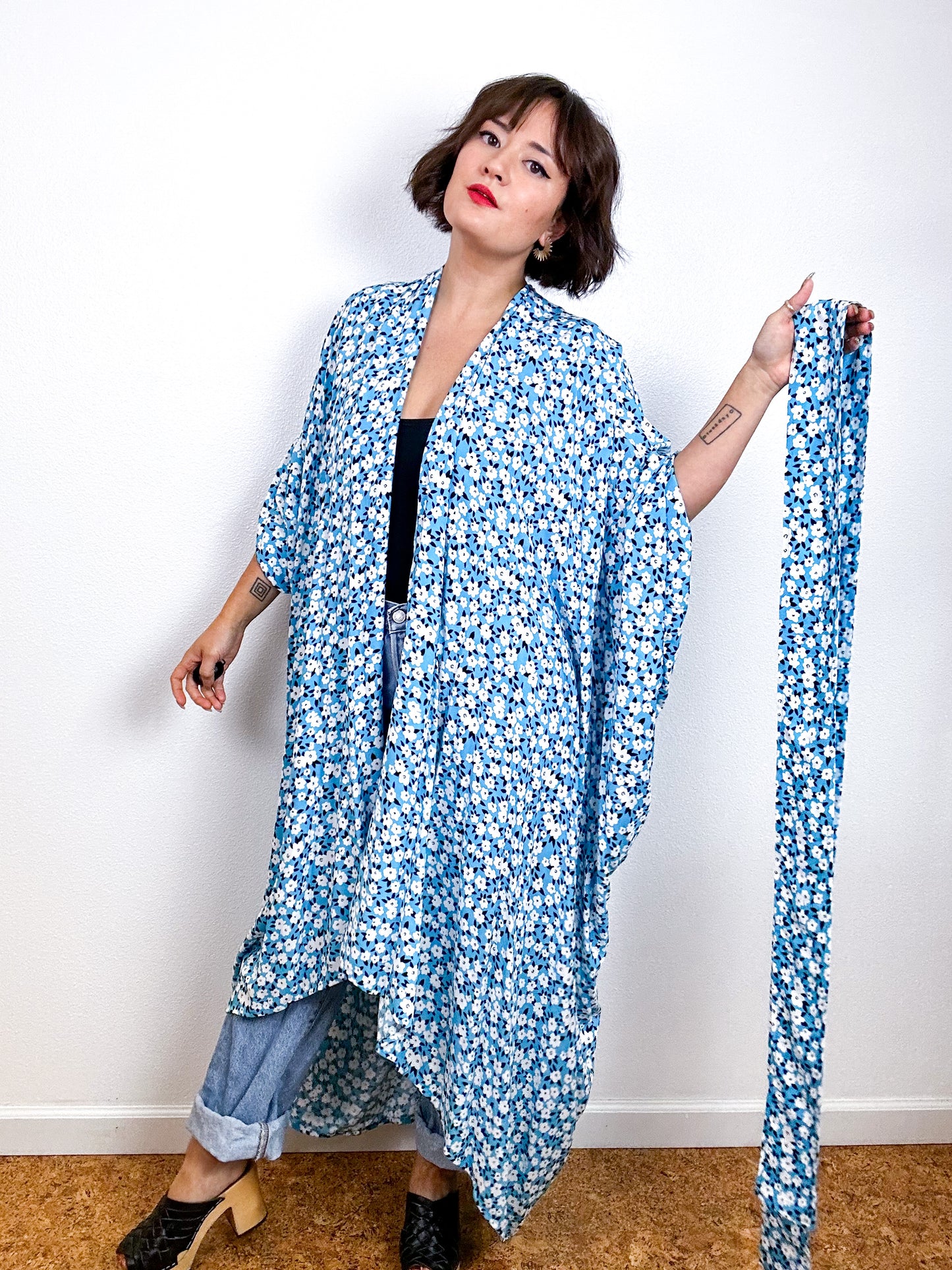 Print High Low Kimono Turquoise Mini Daisy Challis