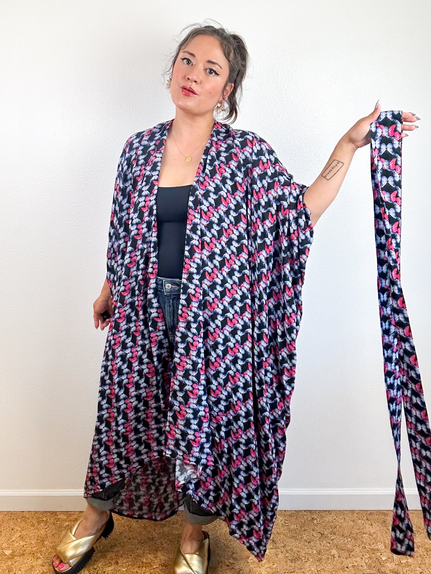 Print High Low Kimono Butterflies Challis