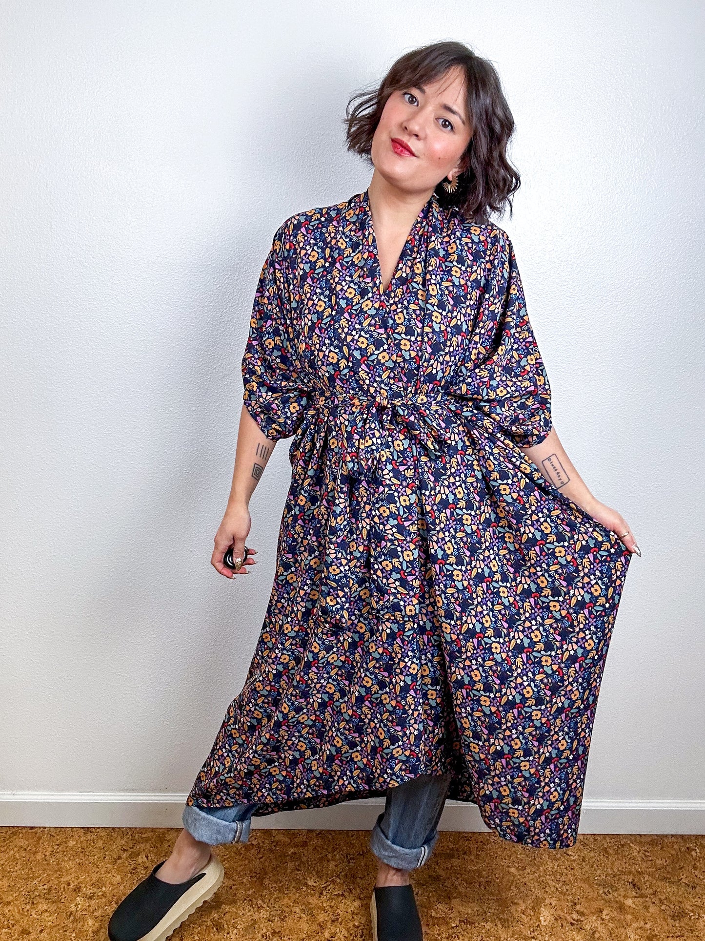 Print High Low Kimono Navy Mini Floral Crepe de Chine