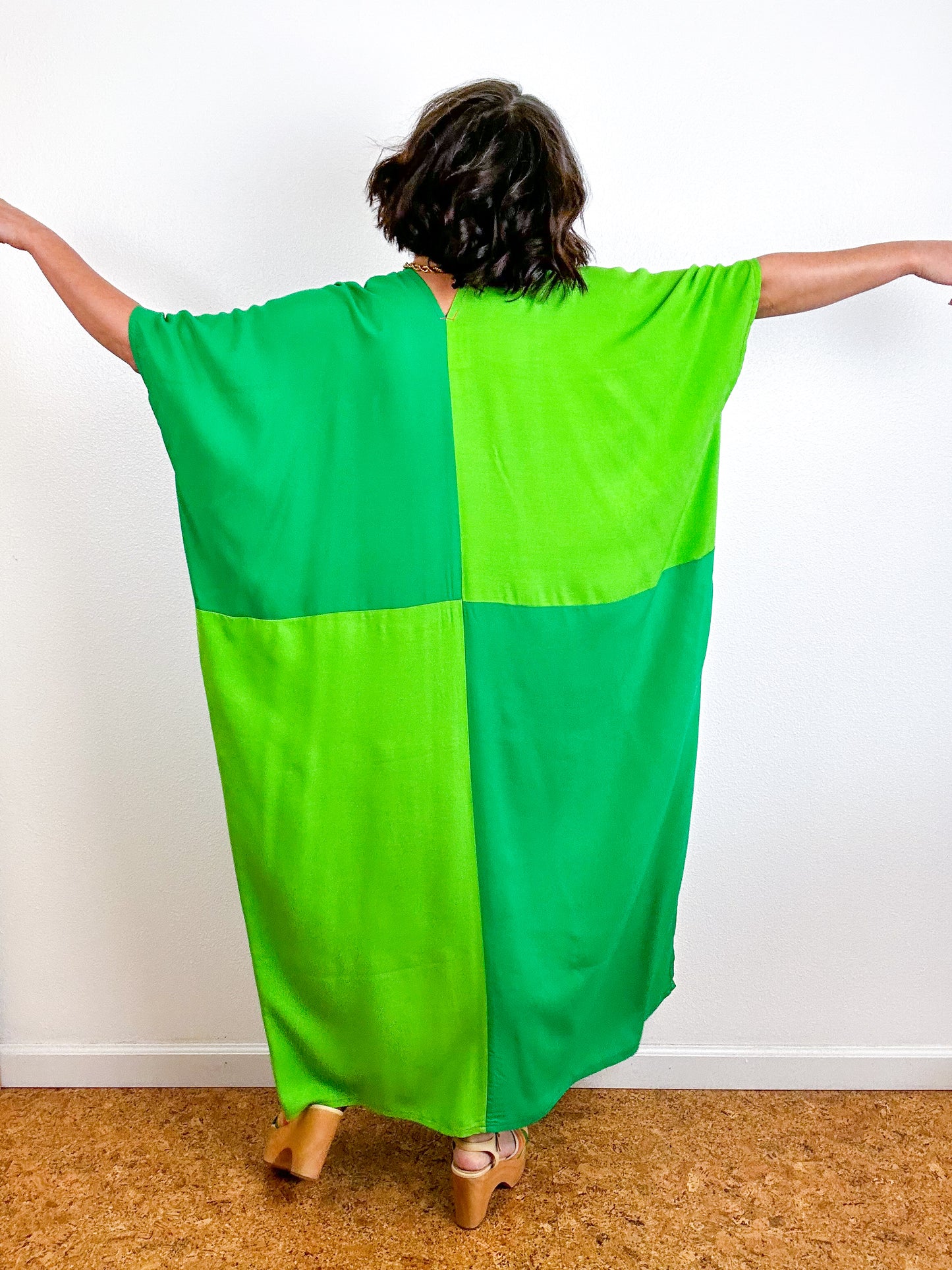 Color Block Midi Caftan Dress Emerald Lime