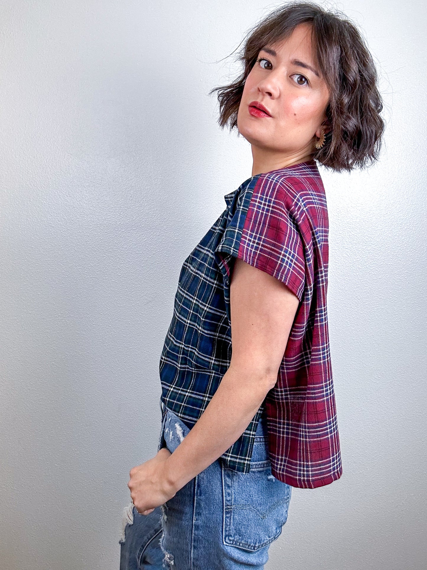 Flip Crop Plaid Flannel Maroon Navy