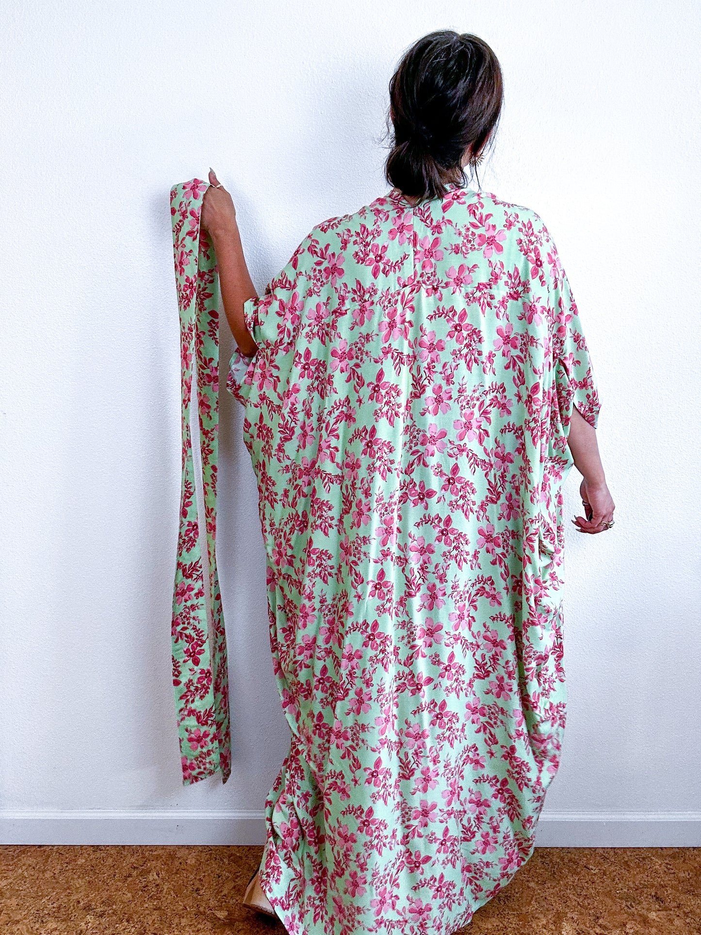 Print High Low Kimono Mint Pink Floral Challis