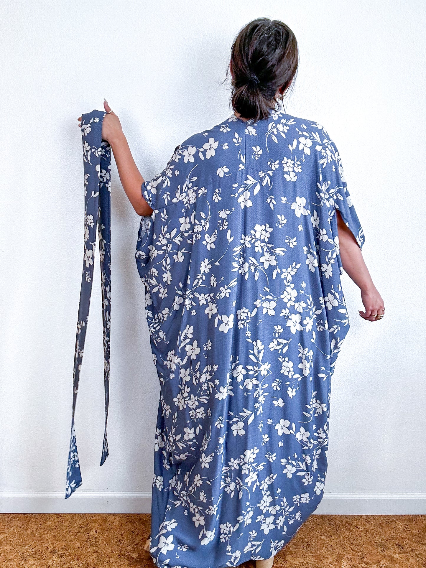 Print High Low Kimono Blue Floral Jacquard Challis