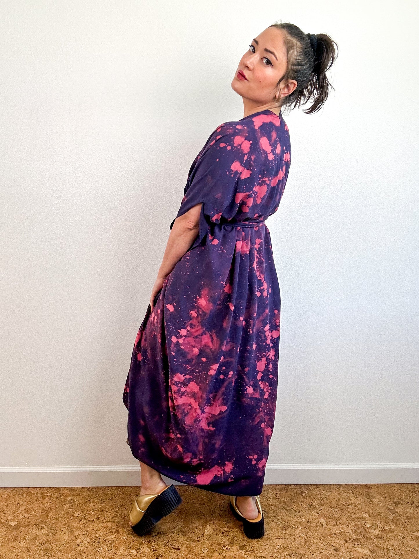 Bleached High Low Kimono Navy Peach Speckle