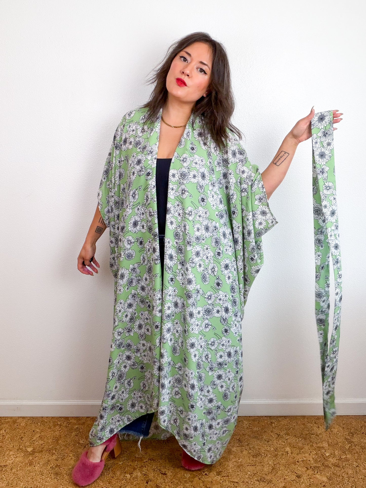 Print High Low Kimono Key Lime Floral Georgette