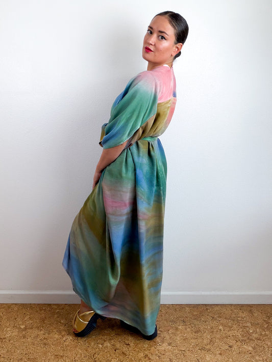 Hand-Dyed High Low Kimono Blue Green Bronze Coral Aura