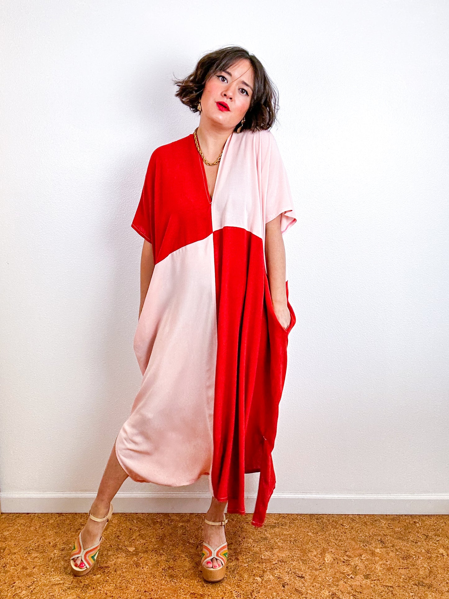 Color Block Midi Caftan Dress Terracotta Blush