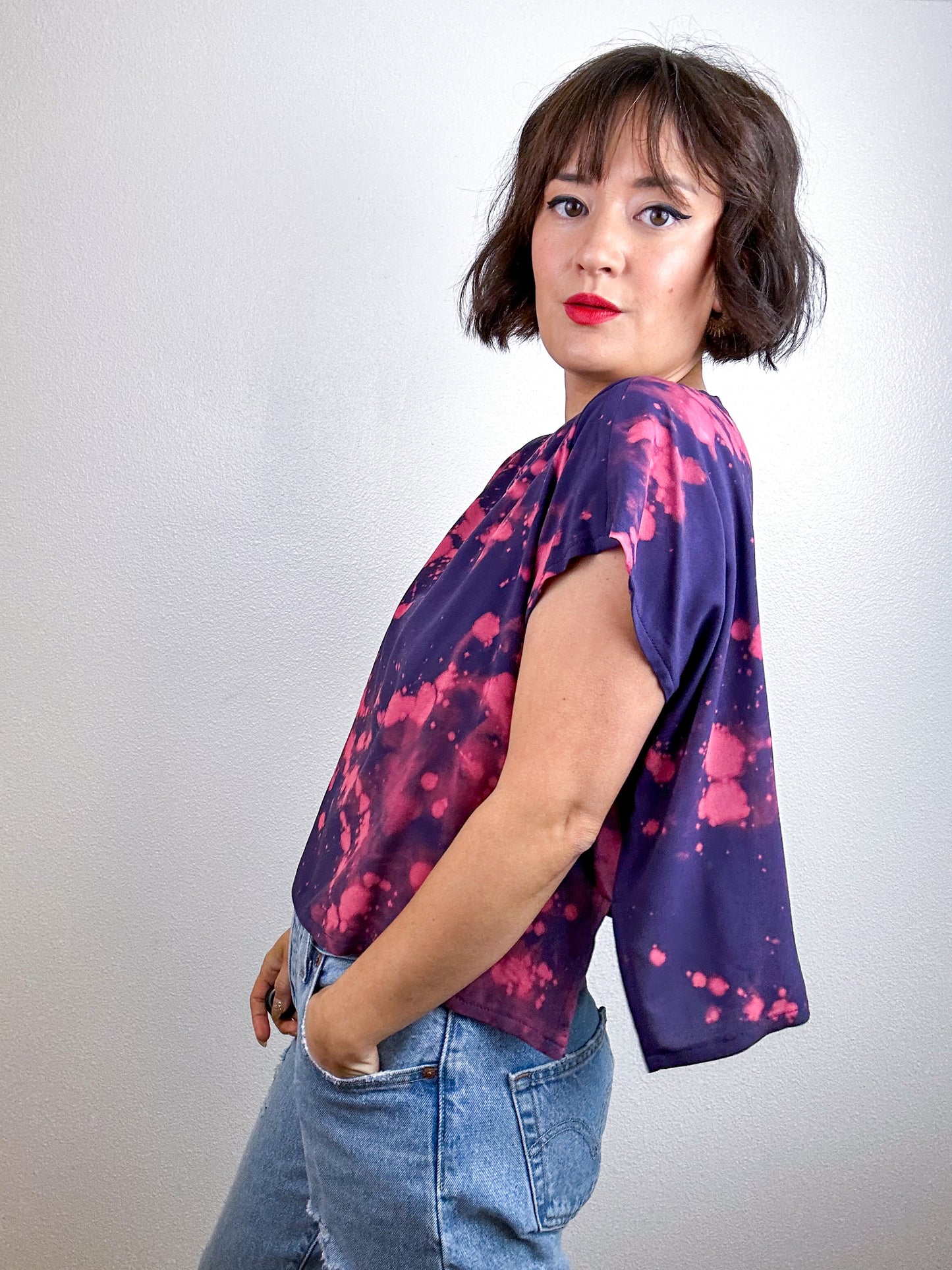 Bleach Speckle Crop Rayon Navy Peach