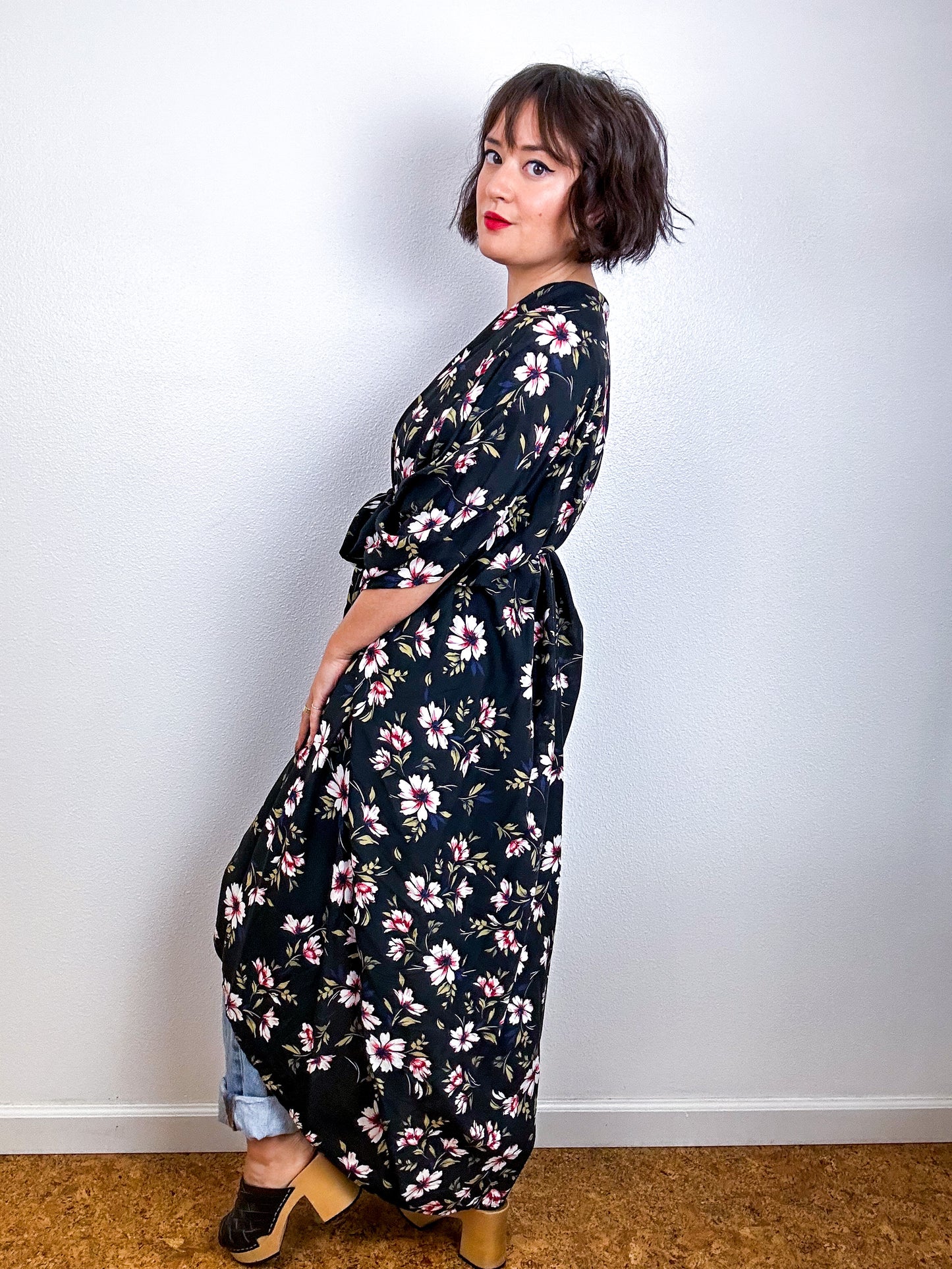 Print High Low Kimono Black Floral Challis