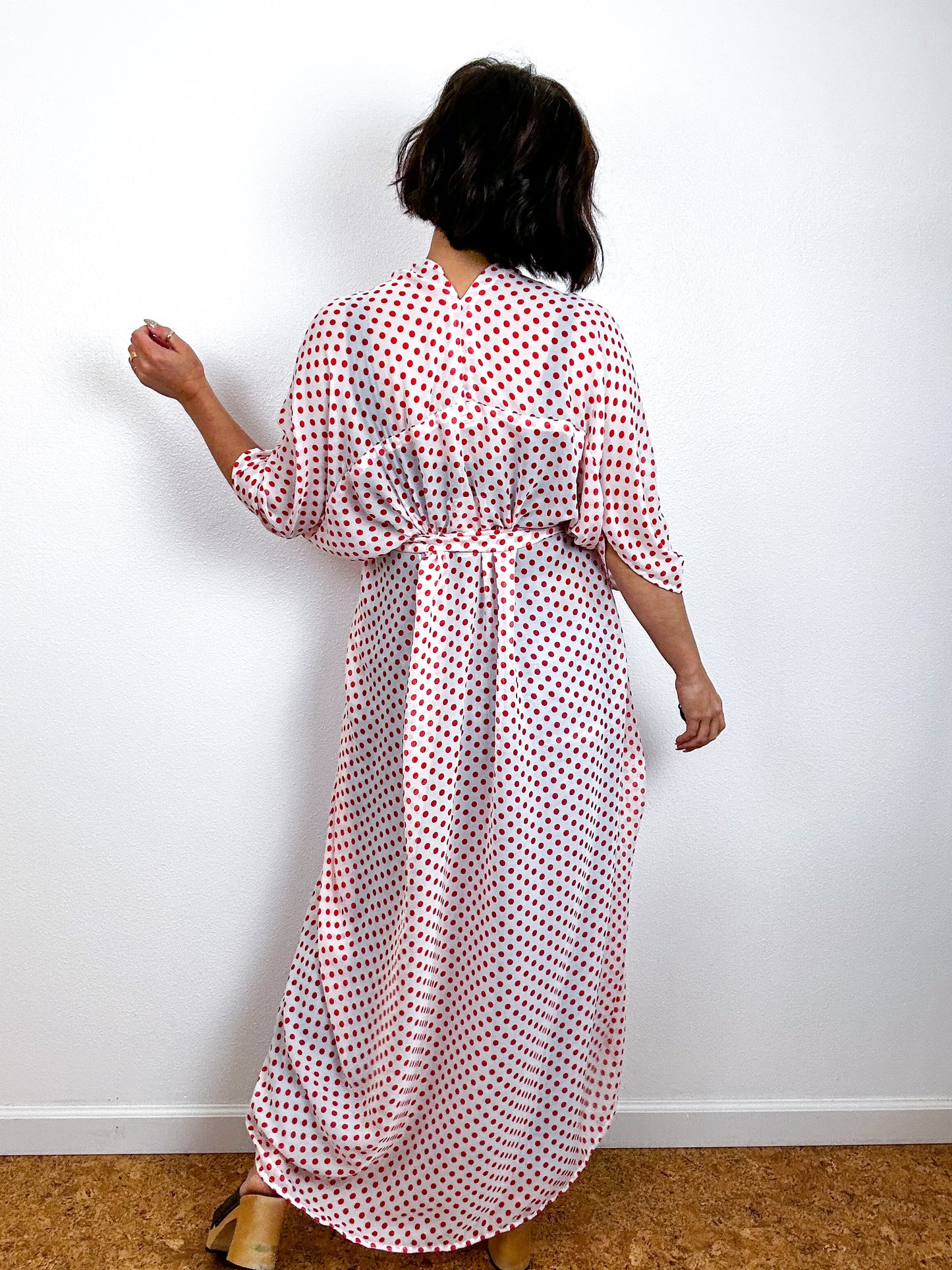 Print High Low Kimono Red Dots Chiffon