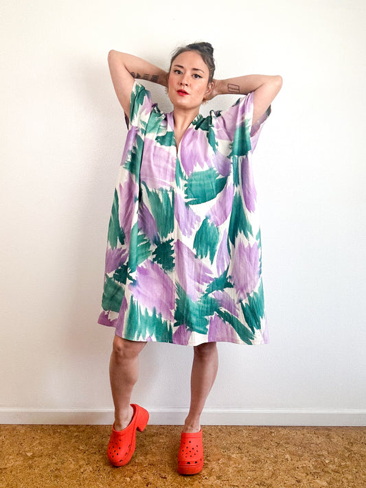 Hand-Dyed Knee Caftan Dress Teal Lavender