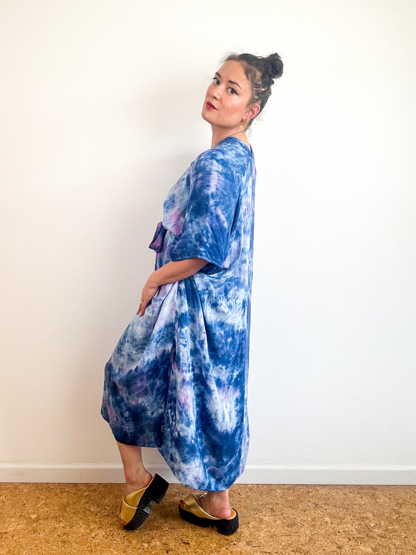 Hand-Dyed Bamboo Tie Caftan Royal Orchid Watercolor