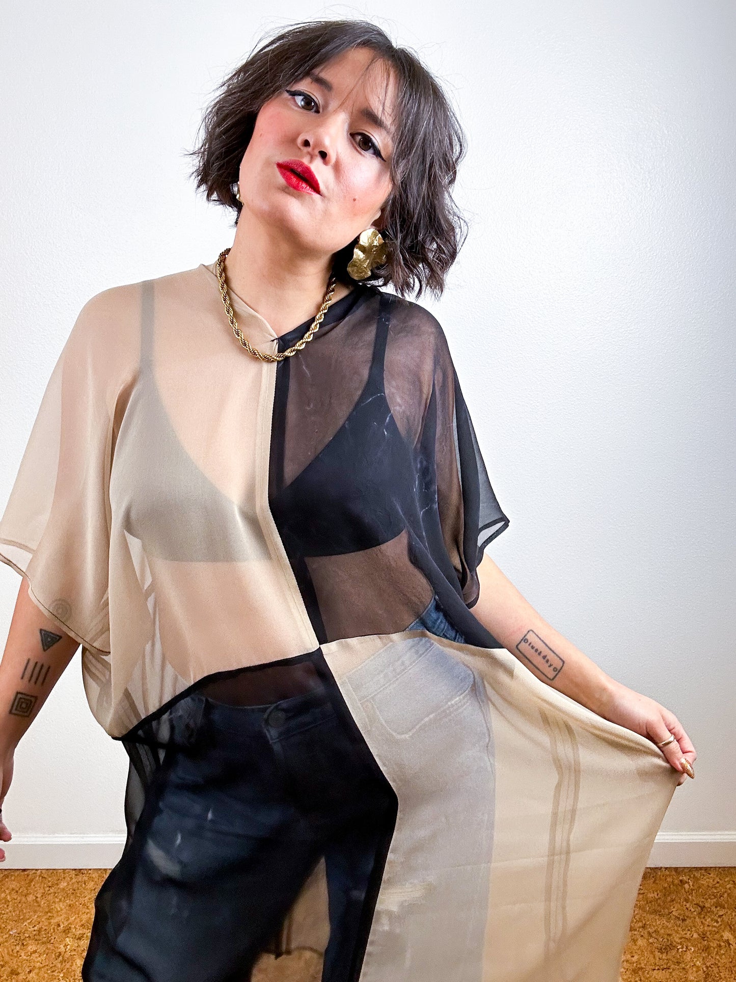 SILK Color Block Midi Caftan Dress Fawn Black