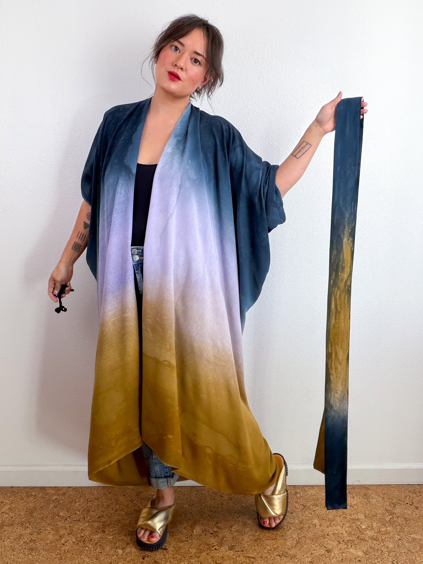 Hand-Dyed High Low Kimono Raven Wisteria Bronze Gradient