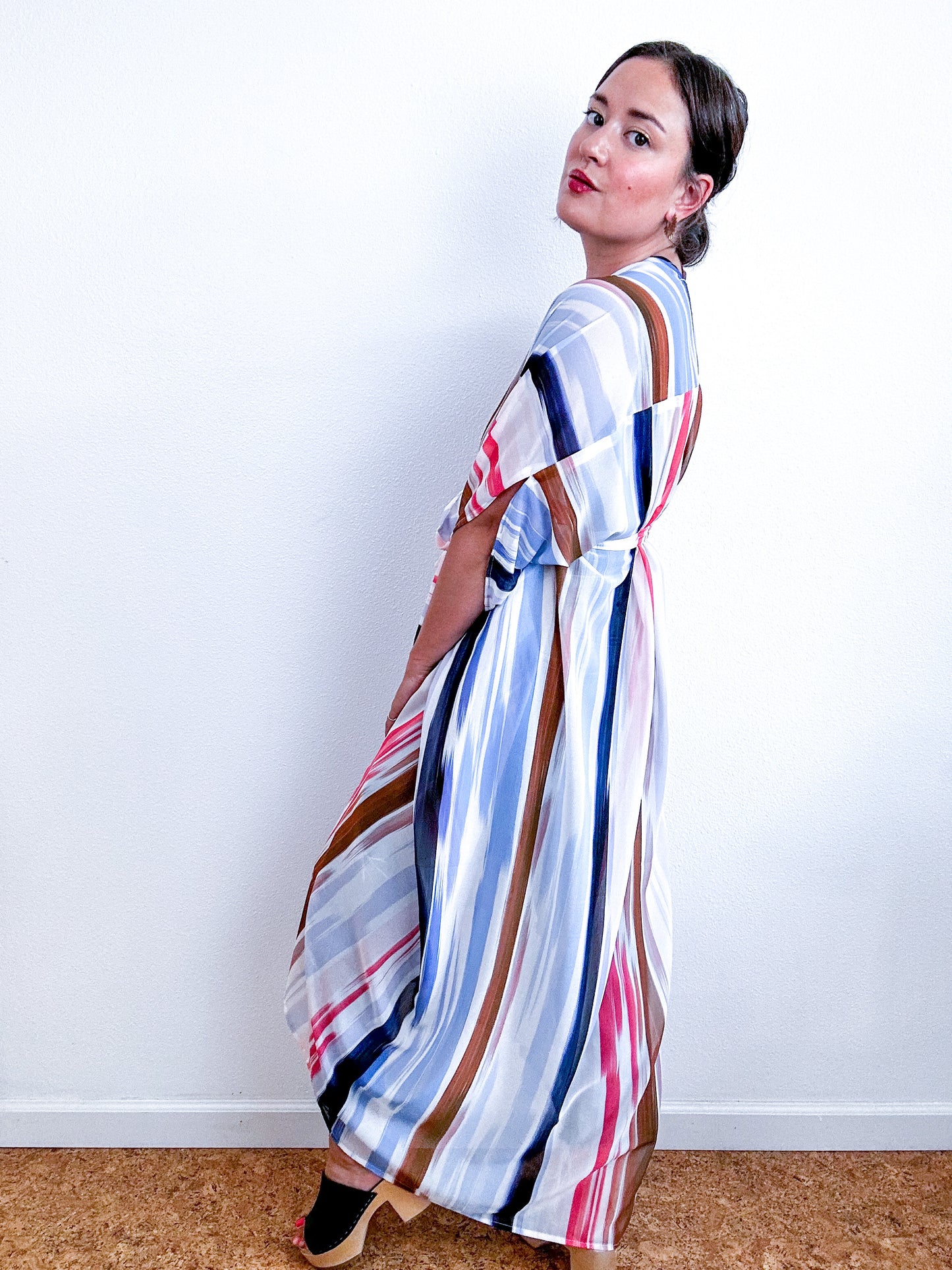 Print High Low Kimono Painterly Lines Chiffon
