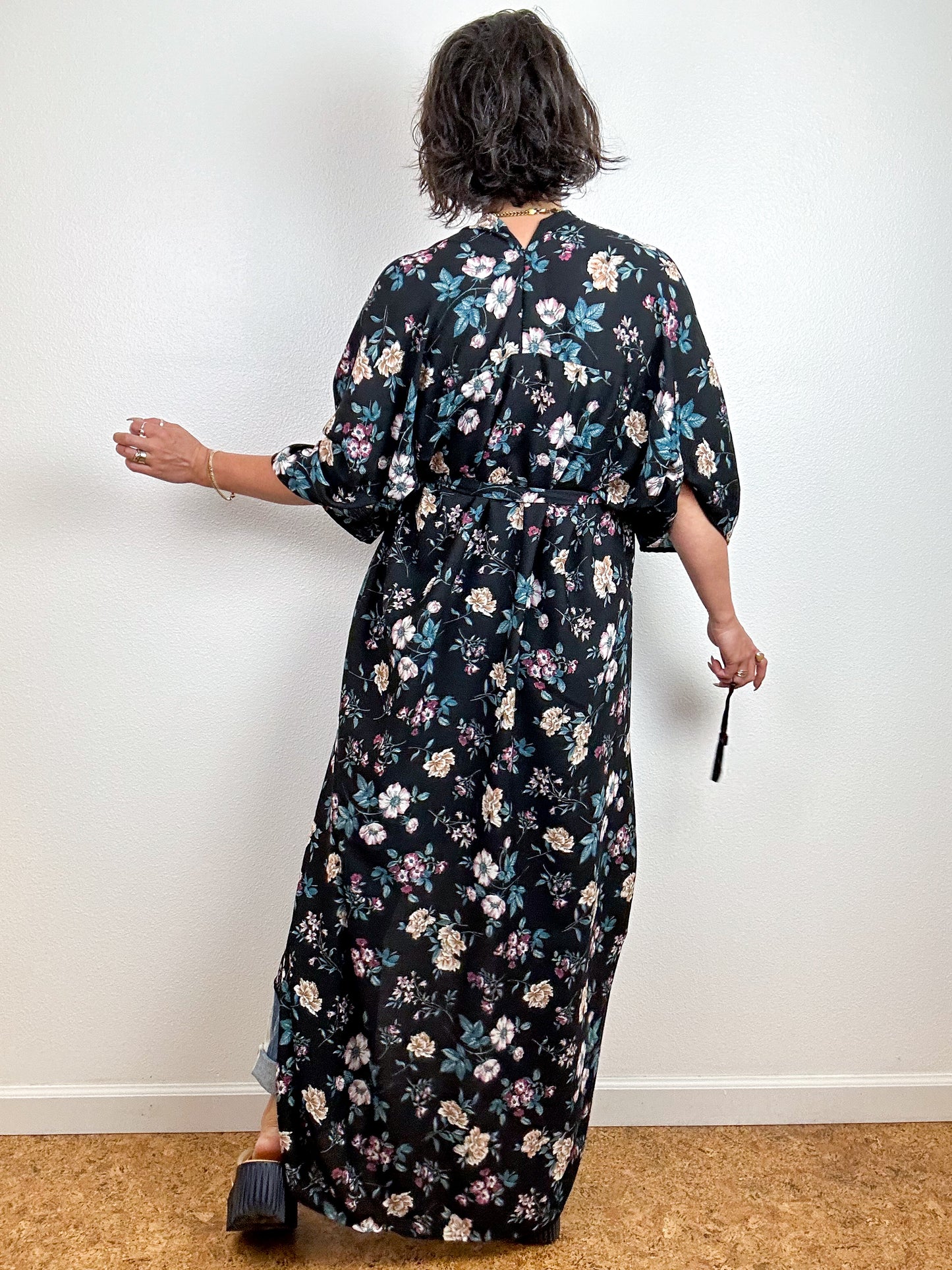 Print High Low Kimono Black Vintage Floral Rayon Crepe