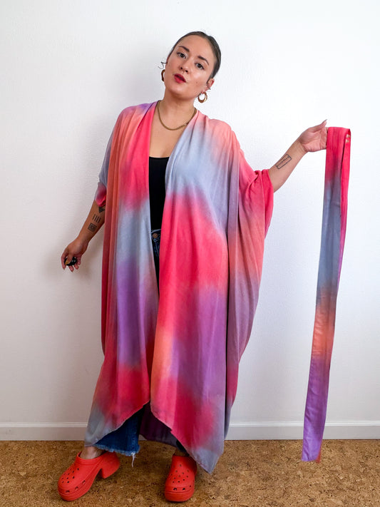 Hand-Dyed High Low Kimono Coral Orchid Scarlet Blue Aura