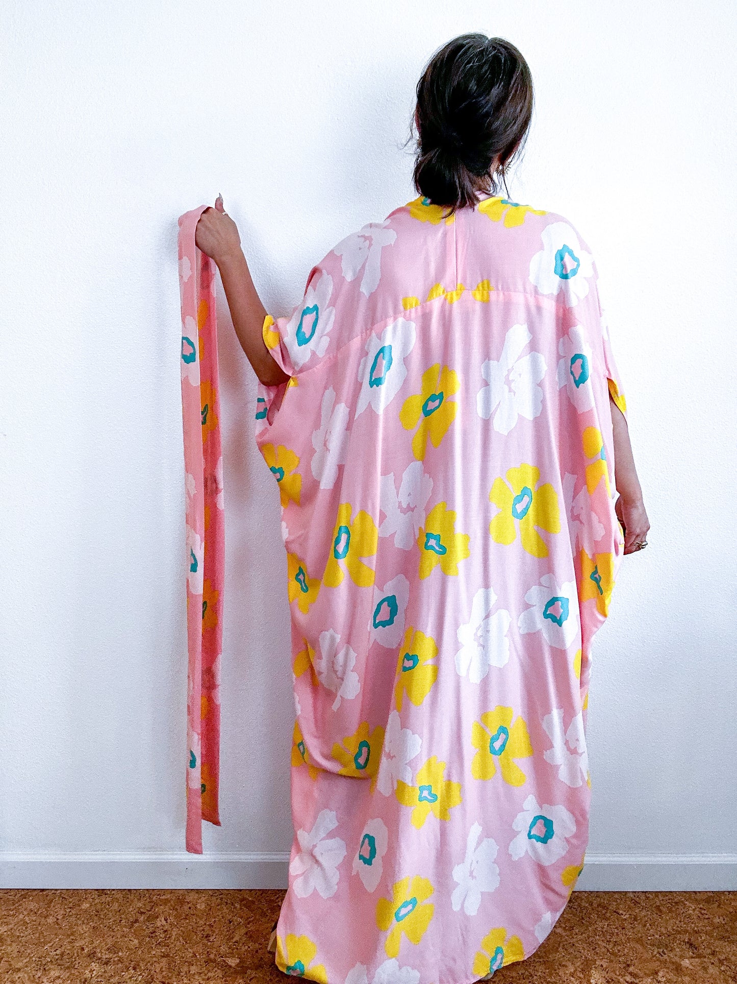 Print High Low Kimono Pink Yellow Flower Challis