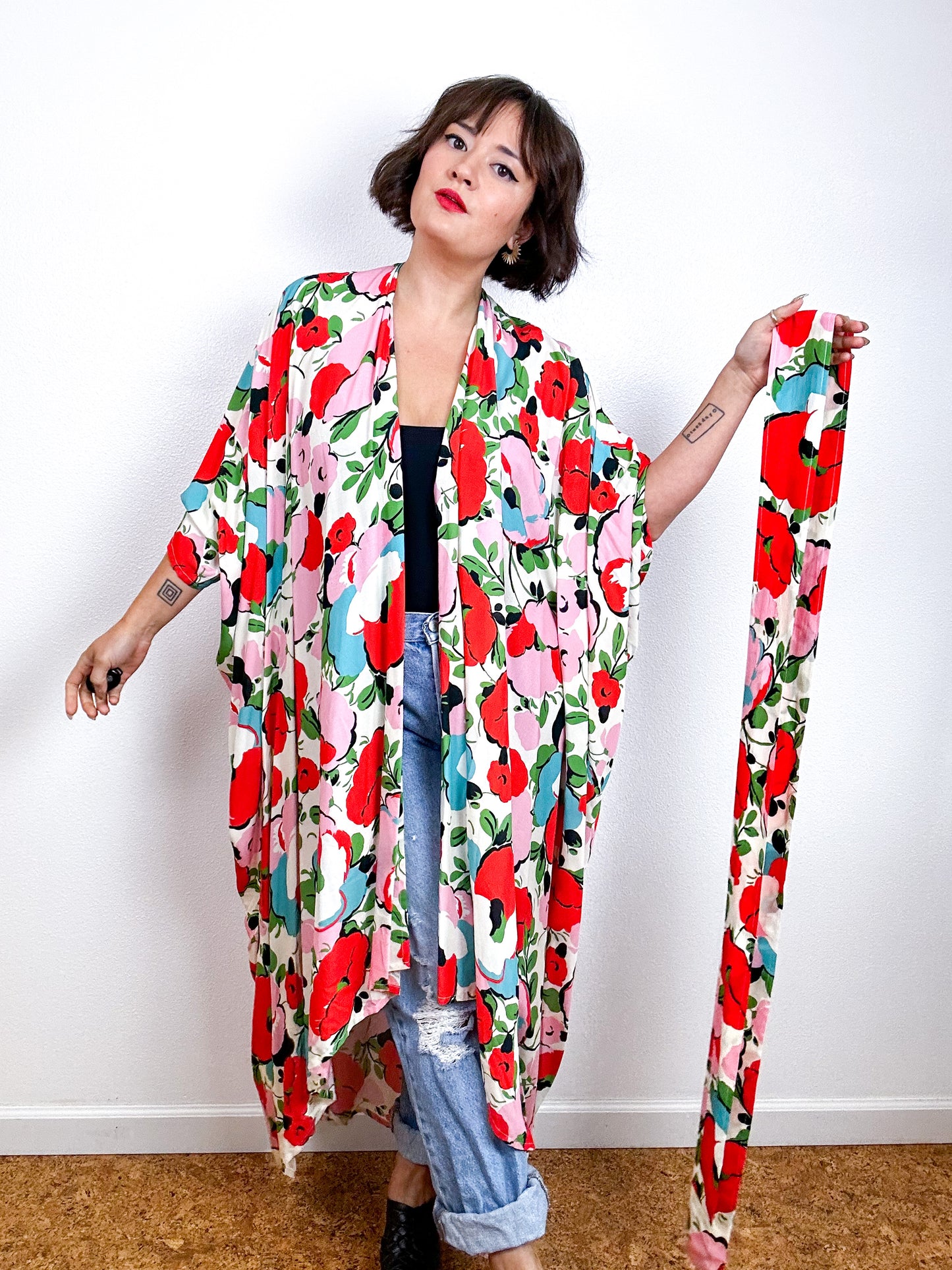 Print High Low Kimono Pink Red Floral Challis