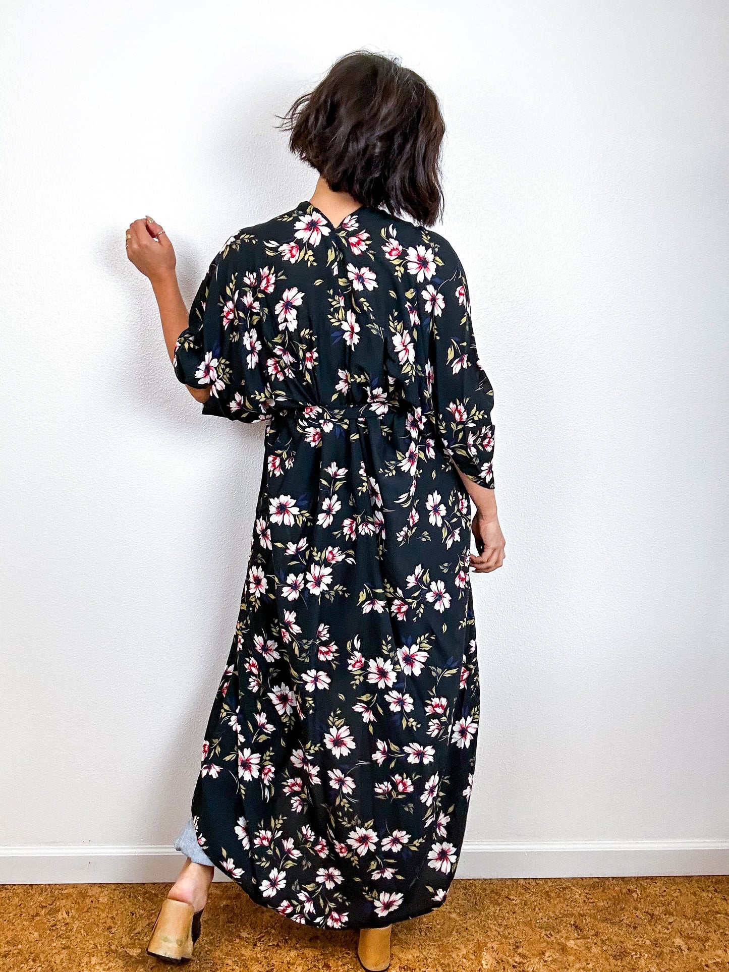 Print High Low Kimono Black Floral Challis