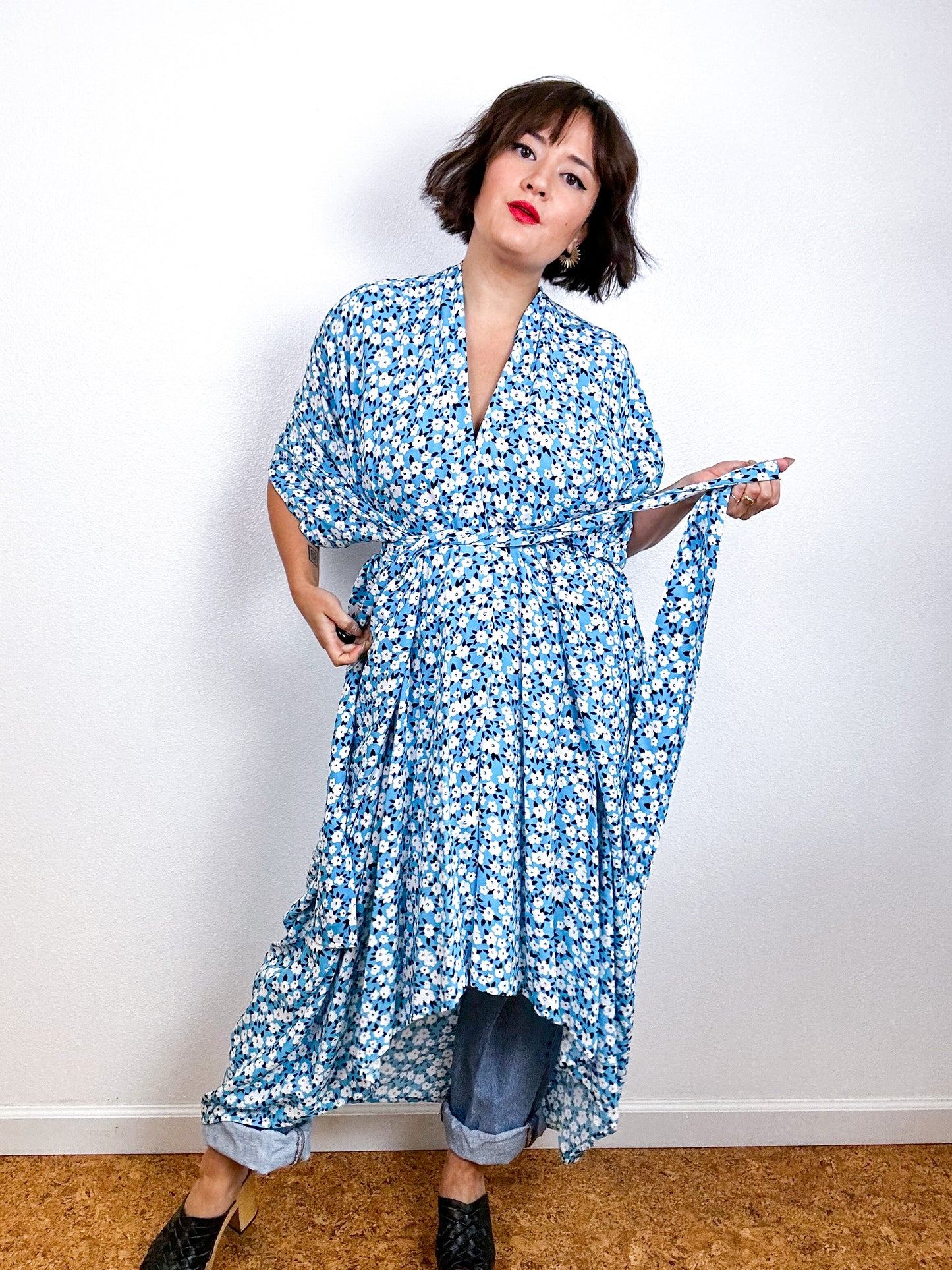 Print High Low Kimono Turquoise Mini Daisy Challis