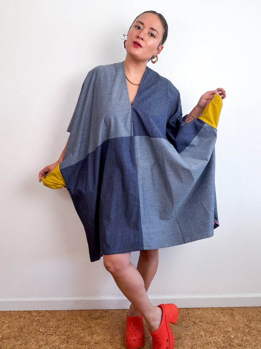 Cotton Chambray Caftan Dress Dark Denim Color Block