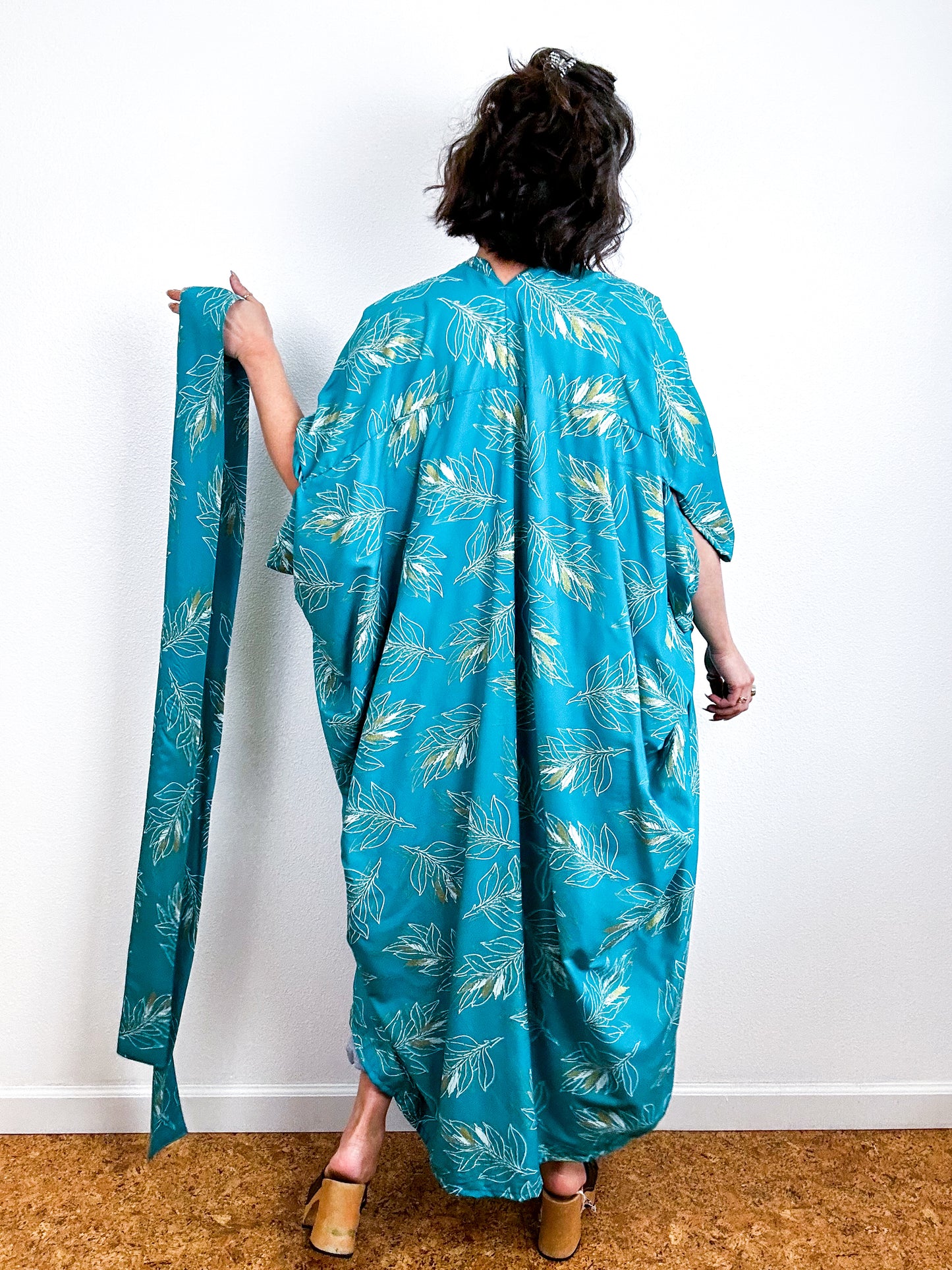 Print High Low Kimono Teal Gold Leaf Challis
