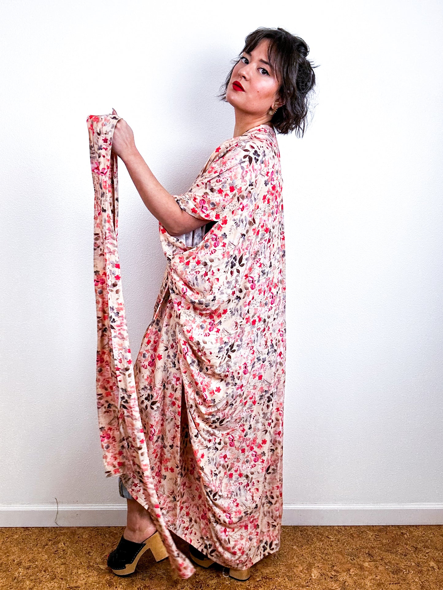 Print High Low Kimono Blush Botanical Challis