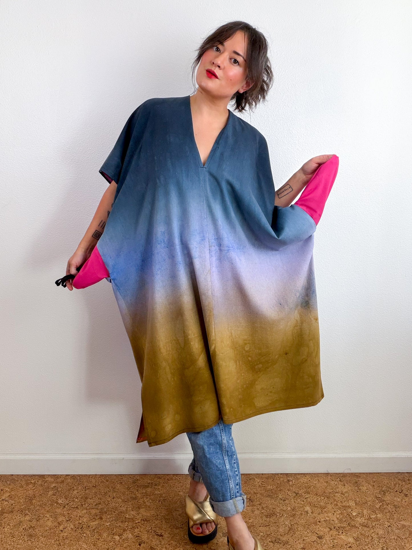 Hand-Dyed Linen Blend Caftan Dress Midi Length Raven Wisteria Bronze Gradient