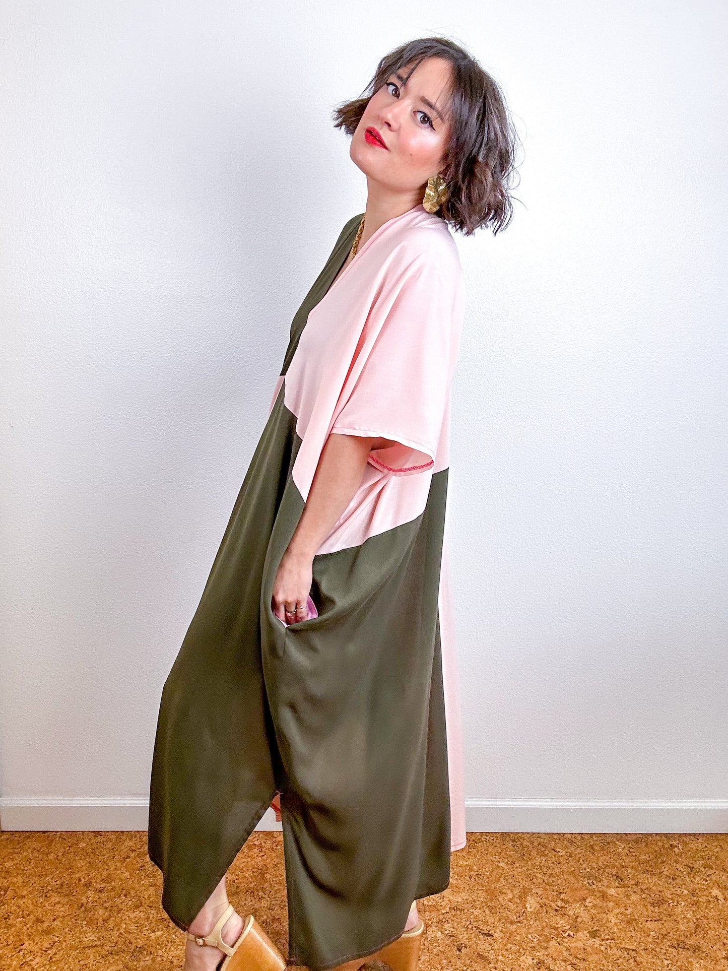 Color Block Midi Caftan Dress Olive Blush