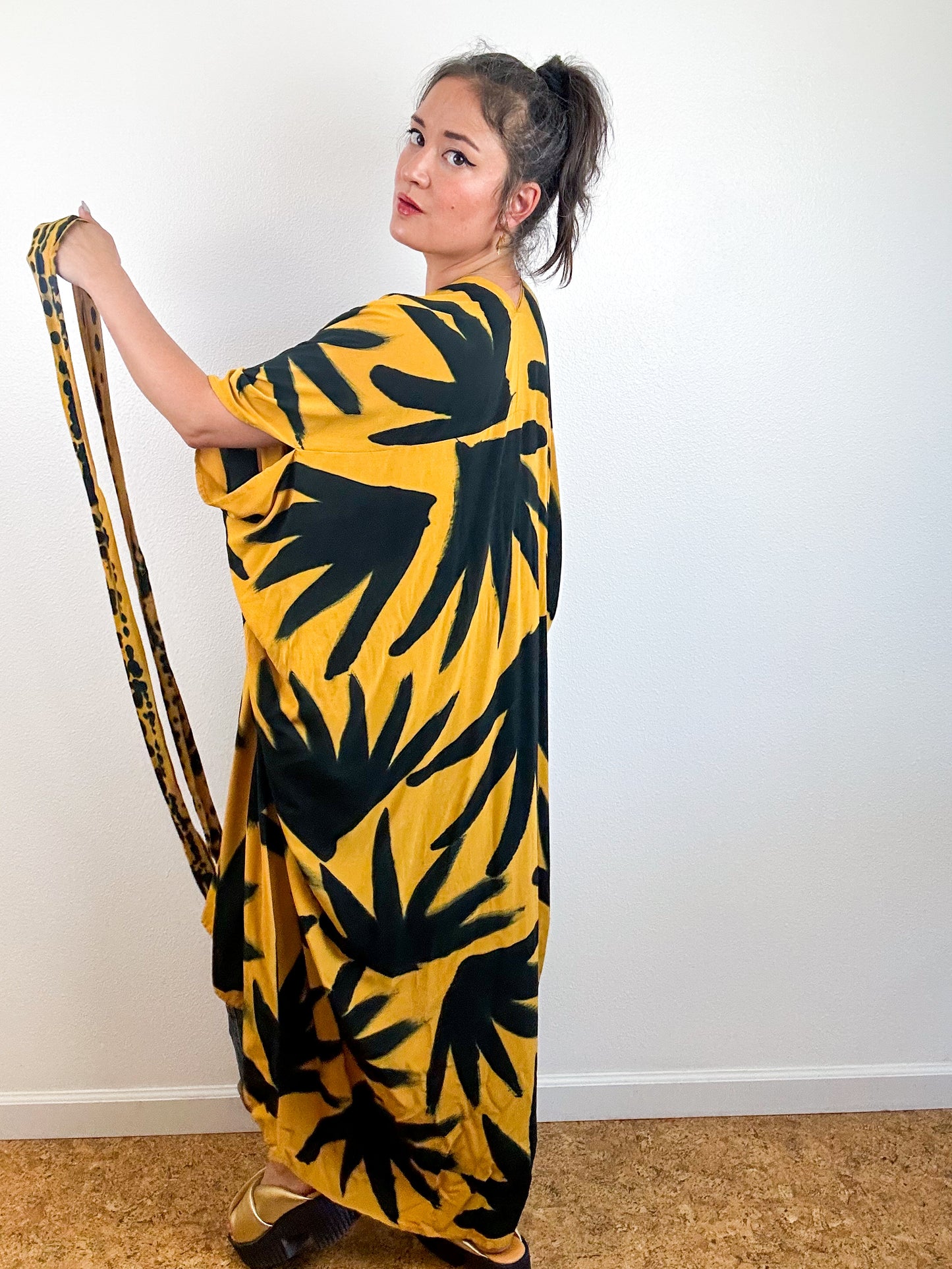 Hand-Dyed High Low Kimono Marigold Black Palms