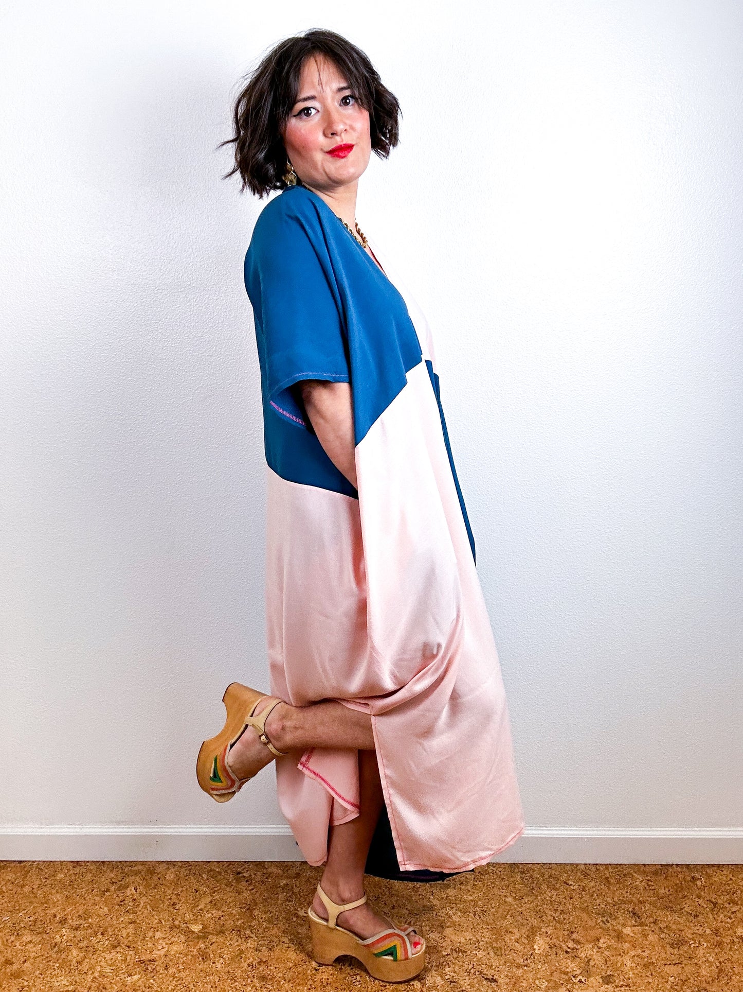 Color Block Midi Caftan Dress Teal Blush