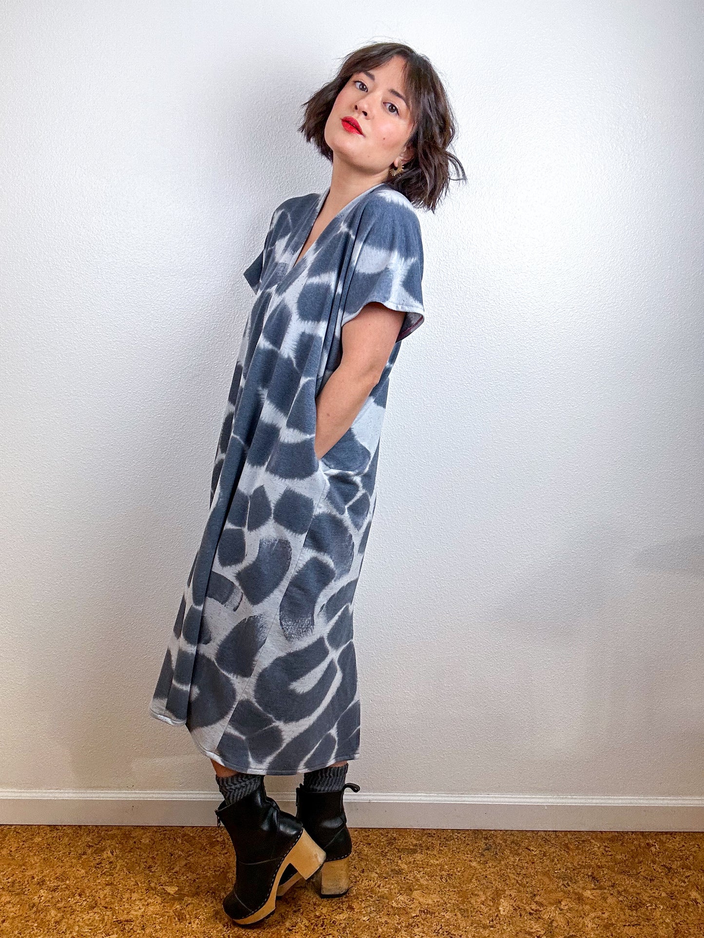 Hand-Dyed Midi Sweatshirt Smock Dress Graphite Doodle