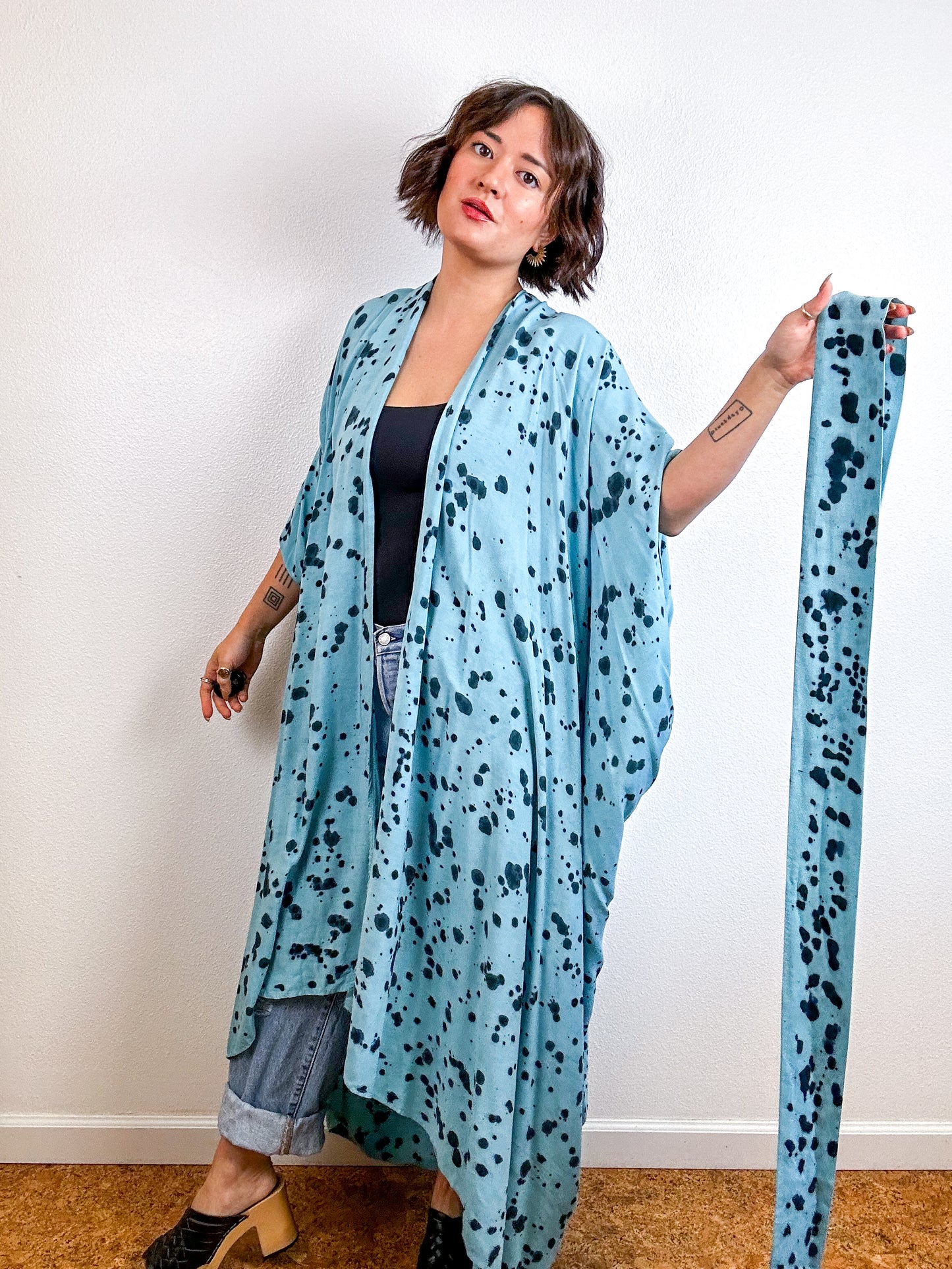 Hand-Dyed High Low Kimono Aqua Teal Speckle
