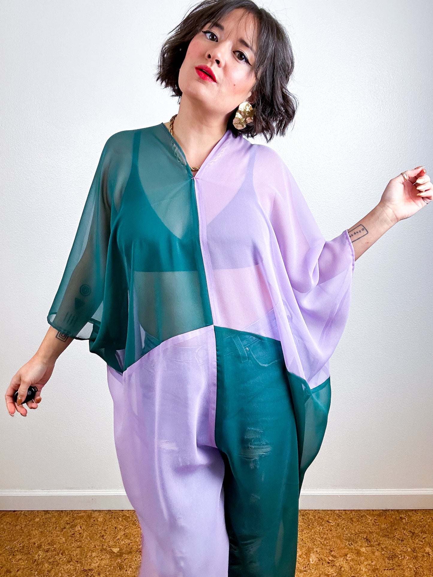 SILK Color Block Midi Caftan Dress Teal Lavender