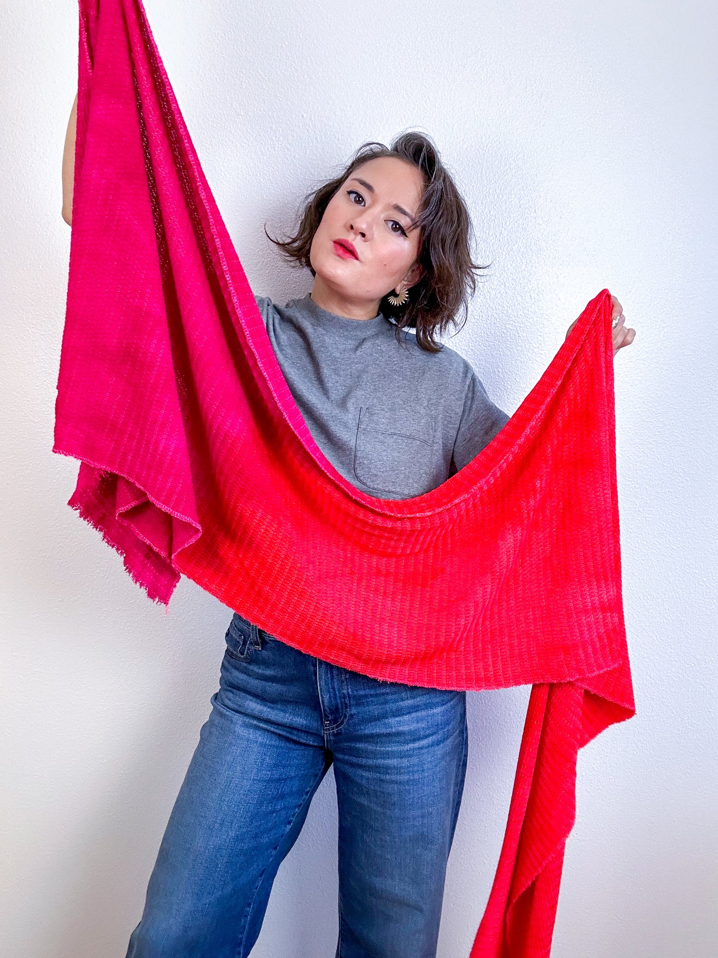 Hand-Dyed Two Tone Knit Scarf Fuchsia Scarlet