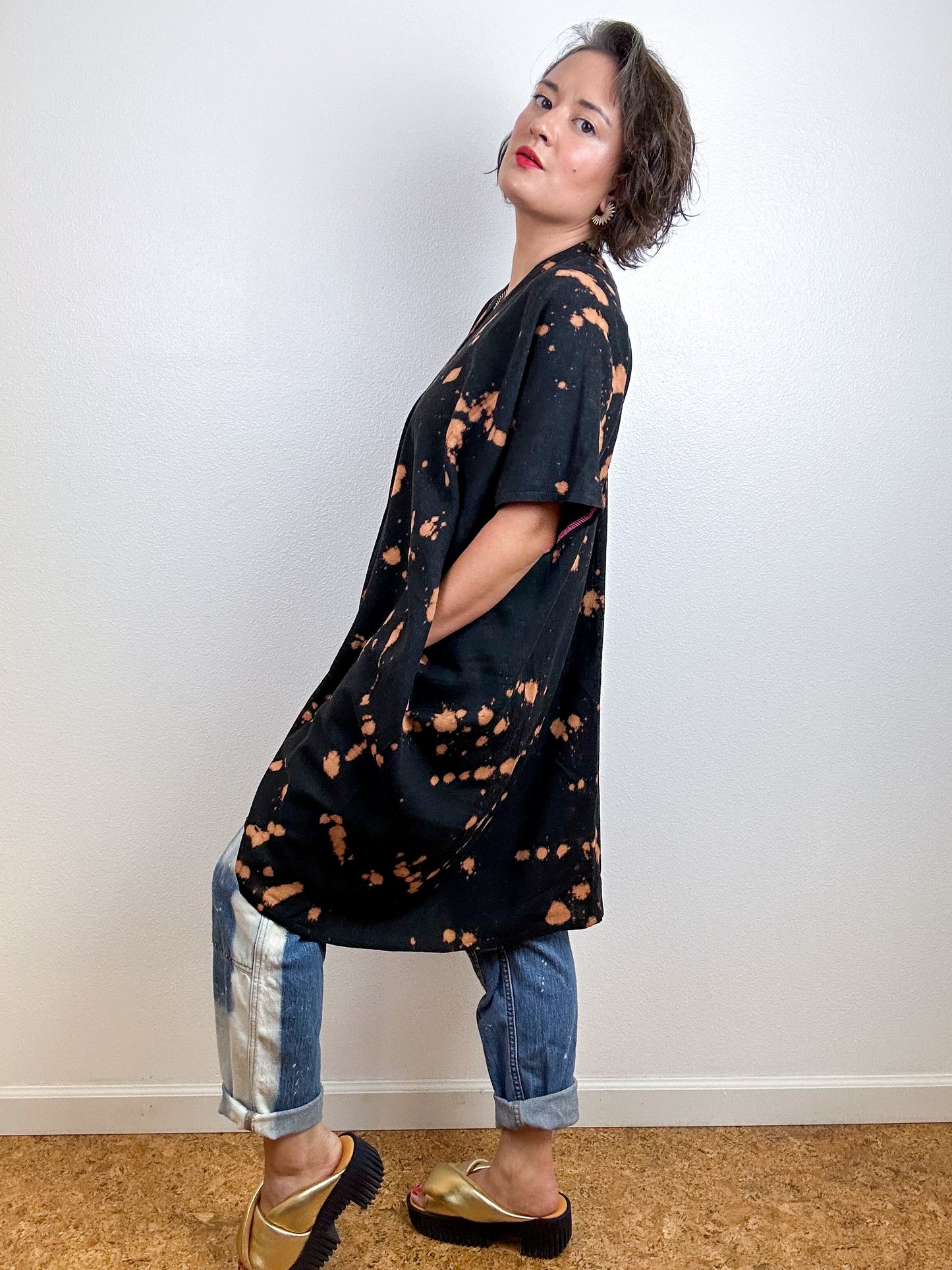 Oversized Hand-Dyed Linen Blend Smock Dress Black Bleach Speckle