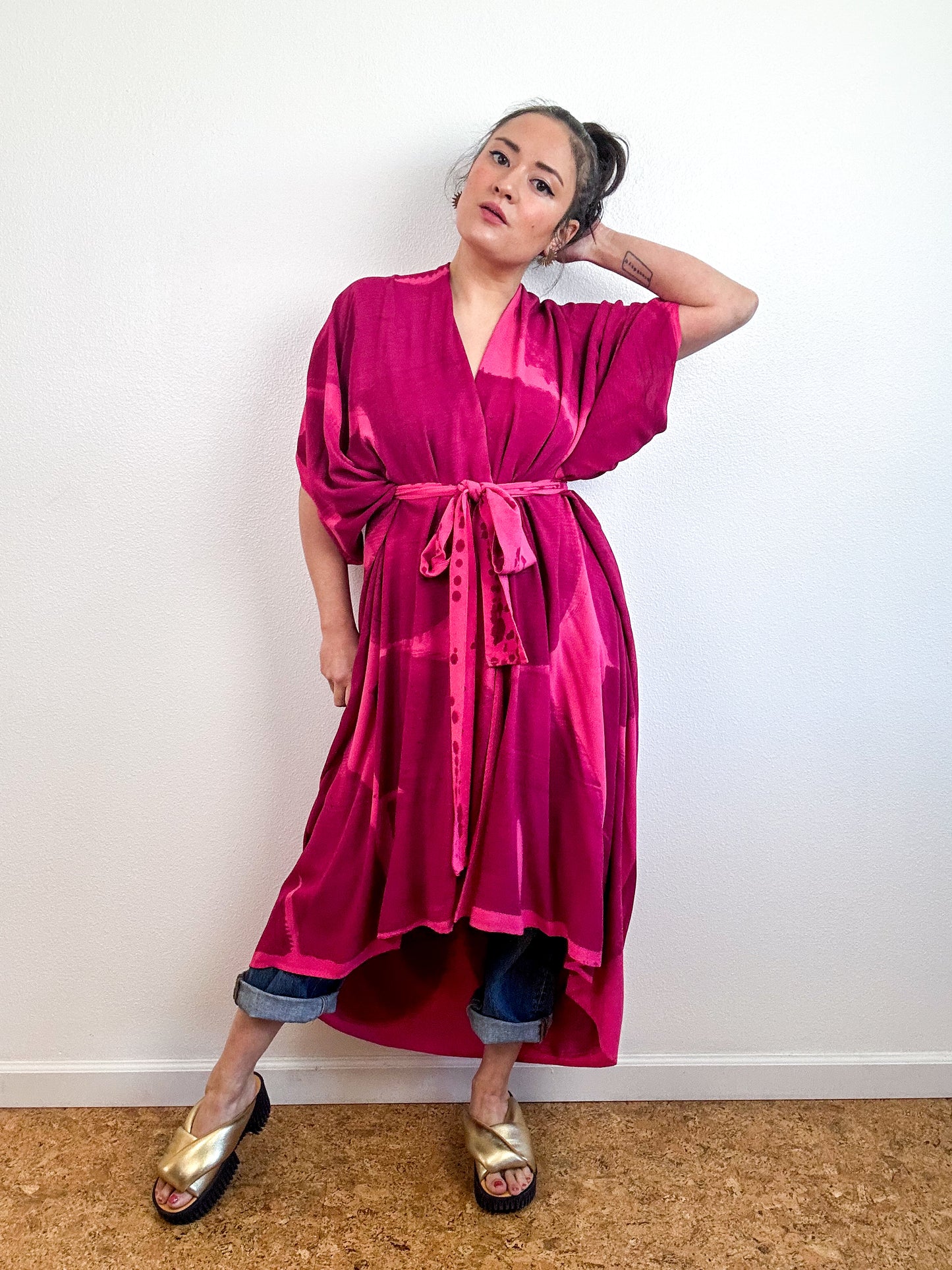 Hand-Dyed High Low Kimono Fuchsia Berry Arc
