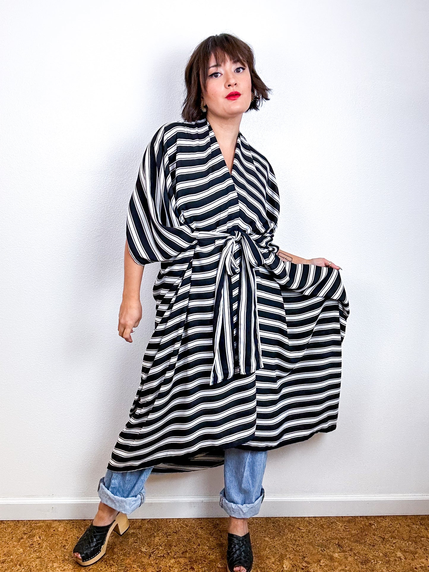 Print High Low Kimono Black White Tan Stripe Georgette