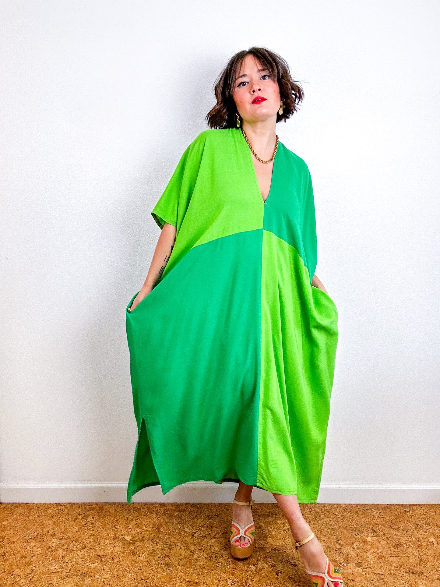 Color Block Midi Caftan Dress Emerald Lime