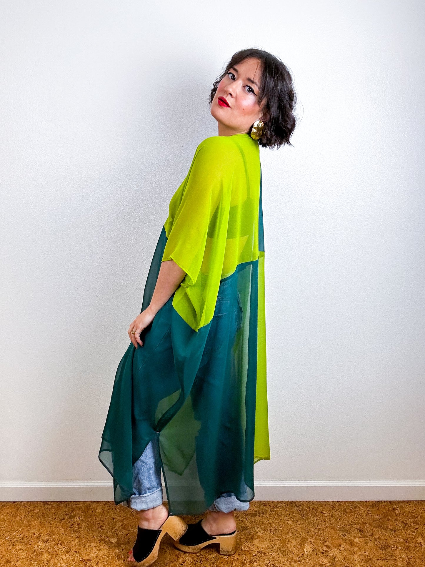 SILK Color Block Midi Caftan Dress Chartreuse Teal