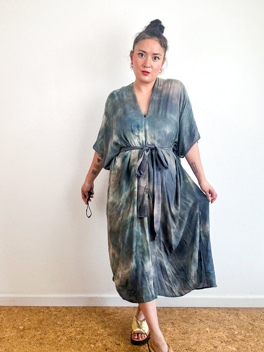 Hand-Dyed Bamboo Tie Caftan Steel Sage Watercolor