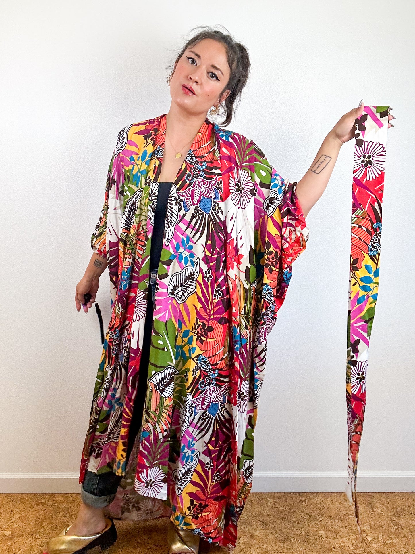 Print High Low Kimono Multicolor Tropical Challis