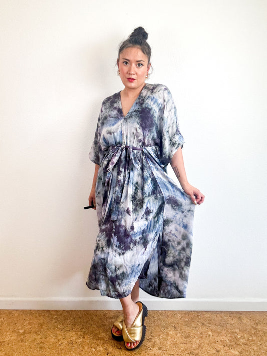 Hand-Dyed Bamboo Tie Caftan Plum Sky Watercolor