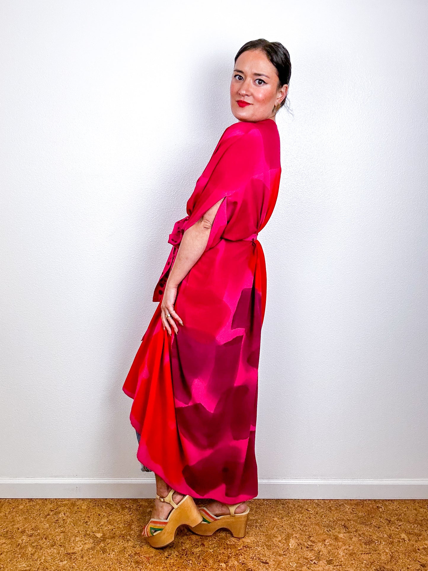 Hand-Dyed High Low Kimono OOAK Fuchsia 1