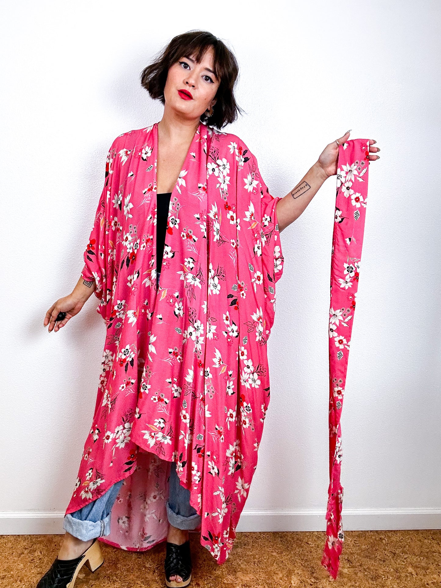 Print High Low Kimono Coral Floral Challis