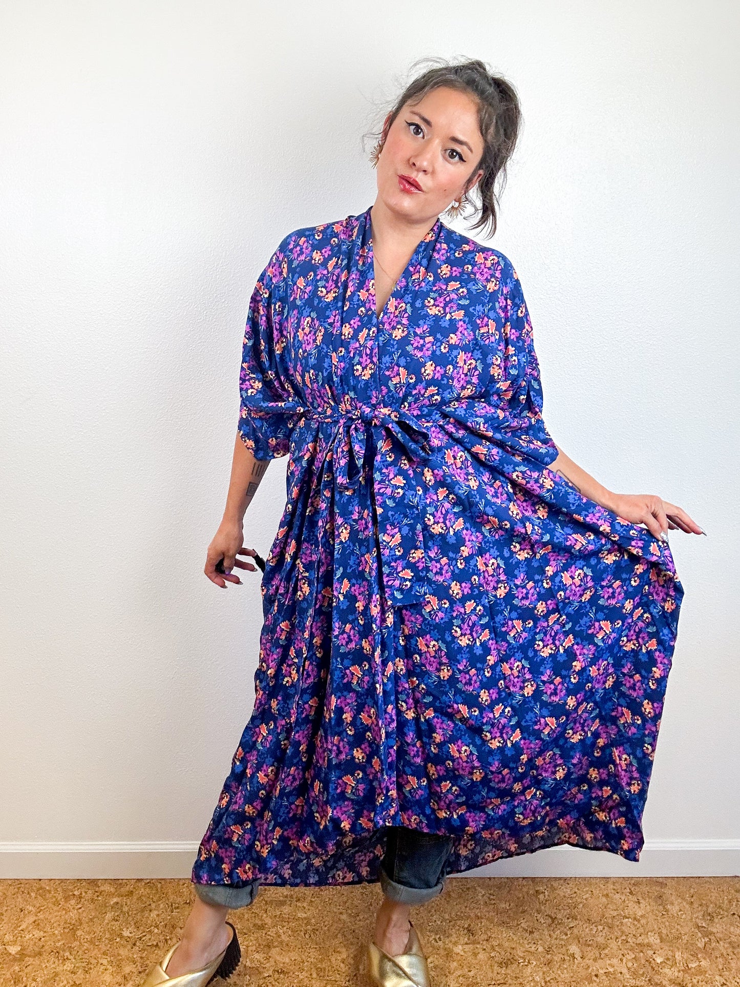 Print High Low Kimono Blue Magenta Floral Challis